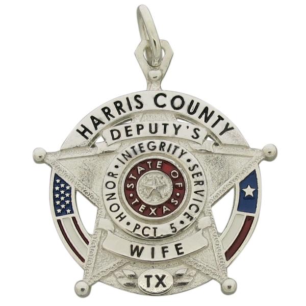 Custom Harris County TX Precinct 5 Deputy badge pendant in sterling silver with red, white, blue, and black enamel.