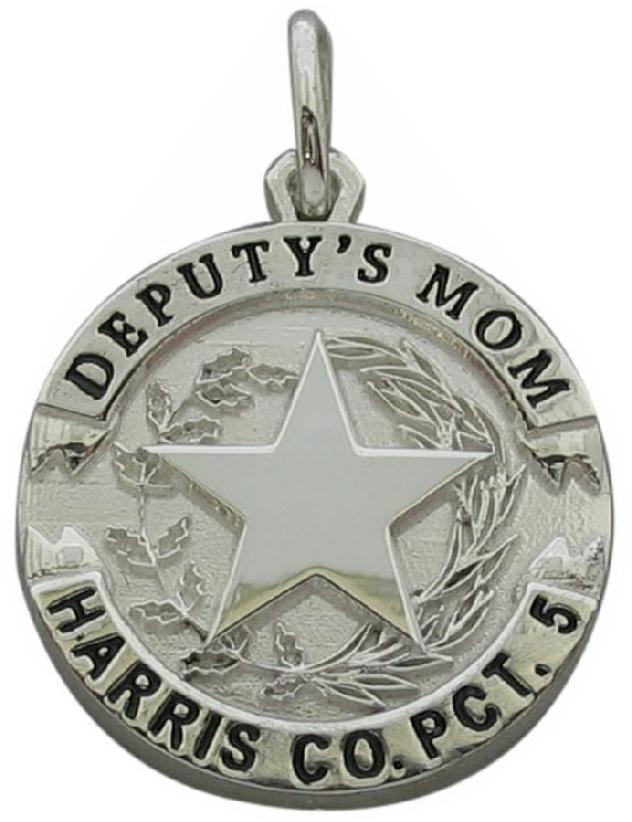 Custom Harris County, Texas Precinct 5 Deputy's Mom badge pendant in sterling silver with black enamel.