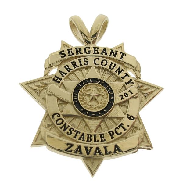 Custom Harris County TX Constable Precinct 6 Sergeant's badge pendant in 14k yellow gold with optional 'Y' bail.
