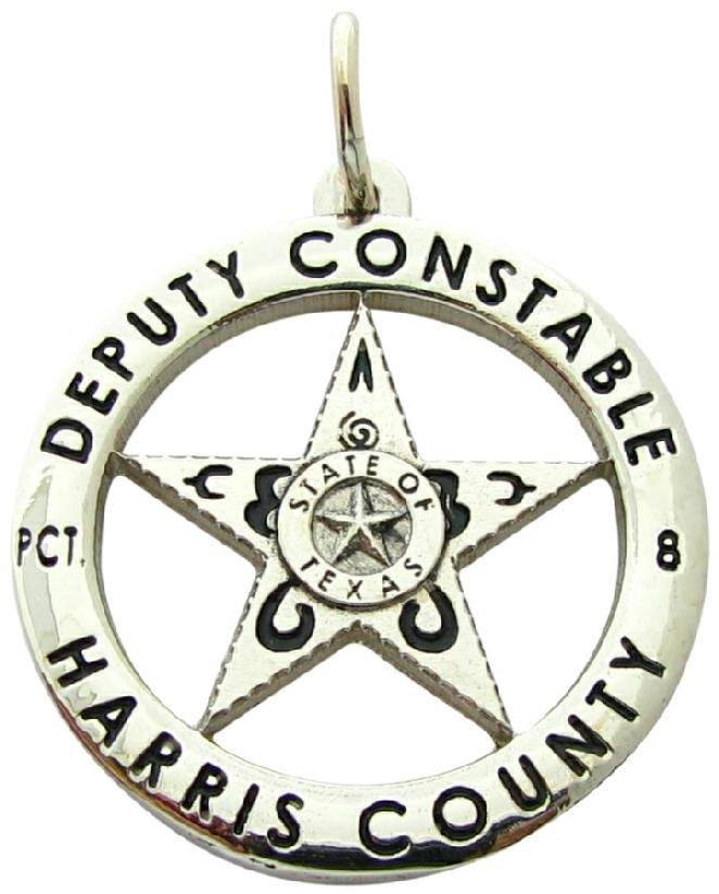 Custom Harris County TX Precinct 8 Deputy Constable badge pendant in 10k white gold with black enamel text and highlights.