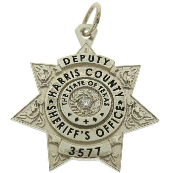 Custom Harris County TX Sheriff Deputy badge pendant in 10k white gold with 0.03 ct. round brilliant diamond and black enamel.