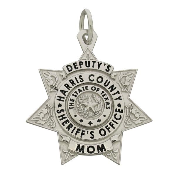 Custom Harris County TX Sheriff Deputy badge pendant in 10k white gold with black enamel.
