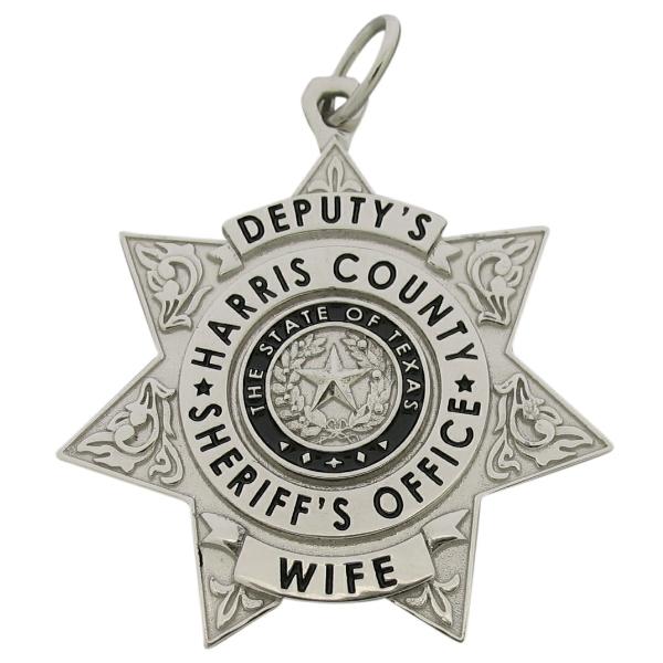 Custom Harris County TX Sheriff's Deputy badge pendant in 10k white gold with black enamel.