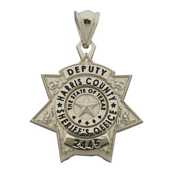 Custom Harris County TX Sheriff's Deputy badge pendant in 10k white gold with optional pendant bail.