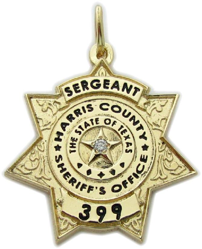 HCSO Harris County, Texas TX Sheriff's Office Sergeant custom badge pendant in 14k yellow gold with round brilliant diamond