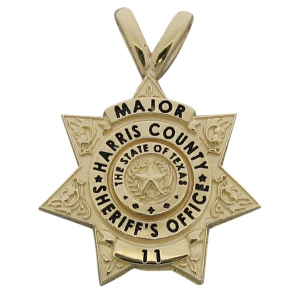Custom Harris County TX Sheriff Major badge pendant in 14k yellow gold with optional 'Y' bail.
