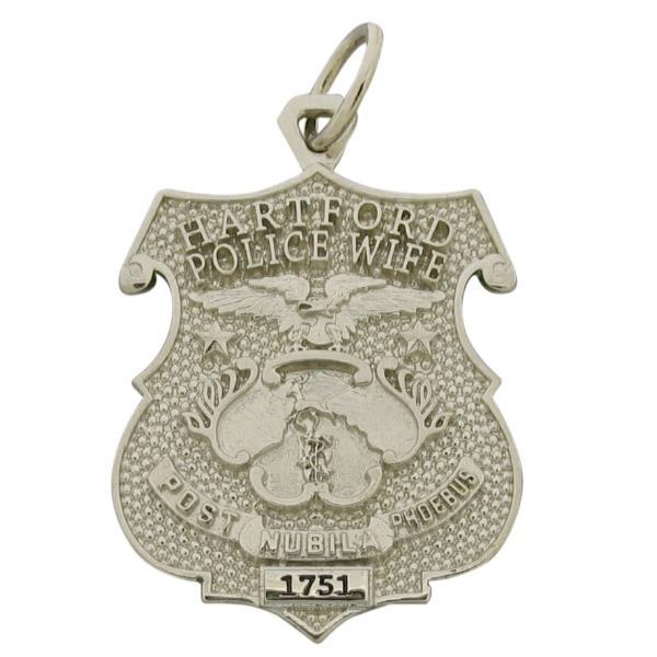 Custom Hartford CT Police Officer badge pendant in 10k white gold with black enamel.