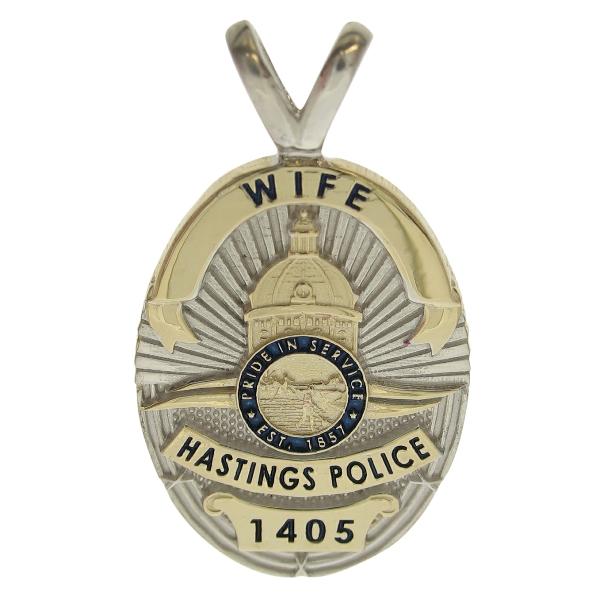 Custom Hastings MN Police Officer badge pendant in 10k two tone with black & blue enamel, standing letter center bezel, and optional 'Y' pendant bail.