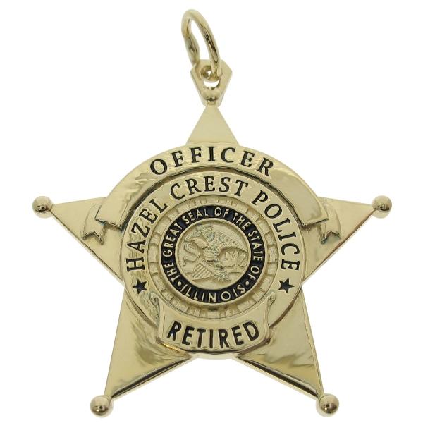 Custom Hazel Crest IL Police Officer badge pendant in 10k yellow gold with optional standing letter detail and black enamel.