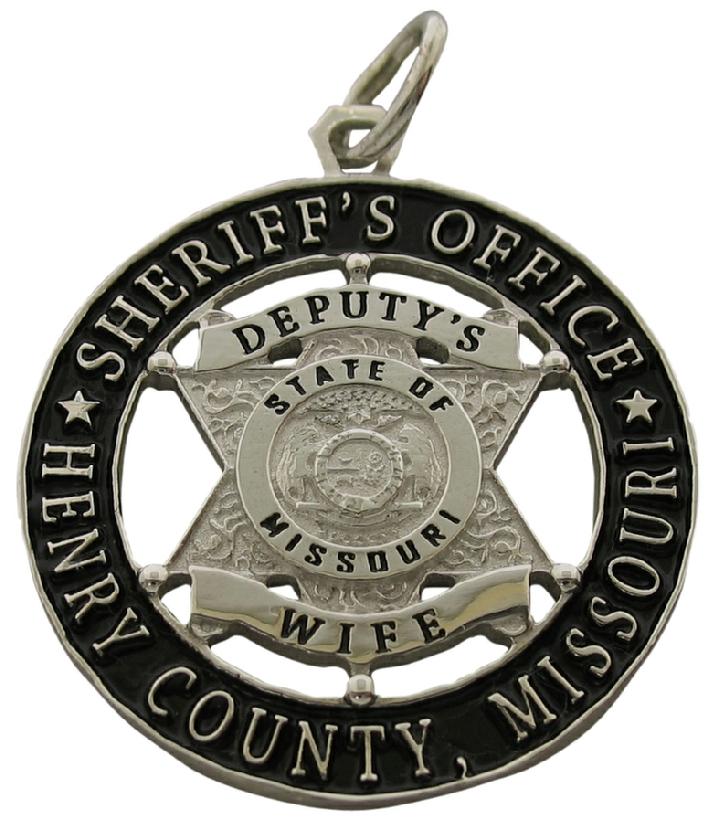 Custom Henry County MO Sheriff Deputy badge pendant in sterling silver with optional standing letter detail and black enamel.