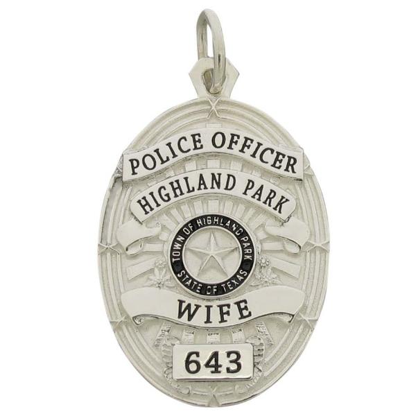 Custom Highland Park TX Police Officer badge pendant in sterling silver with black enamel.
