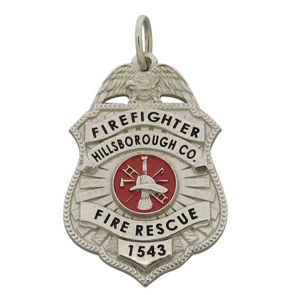 Custom Hillsborough Fire Rescue Firefighter badge pendant in 10k white gold with black and red enamel.