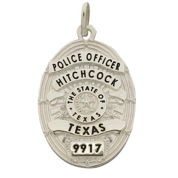 Custom Hitchcock TX Police Officer badge pendant in sterling silver with black enamel.