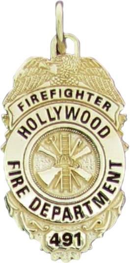 Hollywood, Florida FL Fire Firefighter custom badge charm pendant in 14k yellow gold (original 2D design)