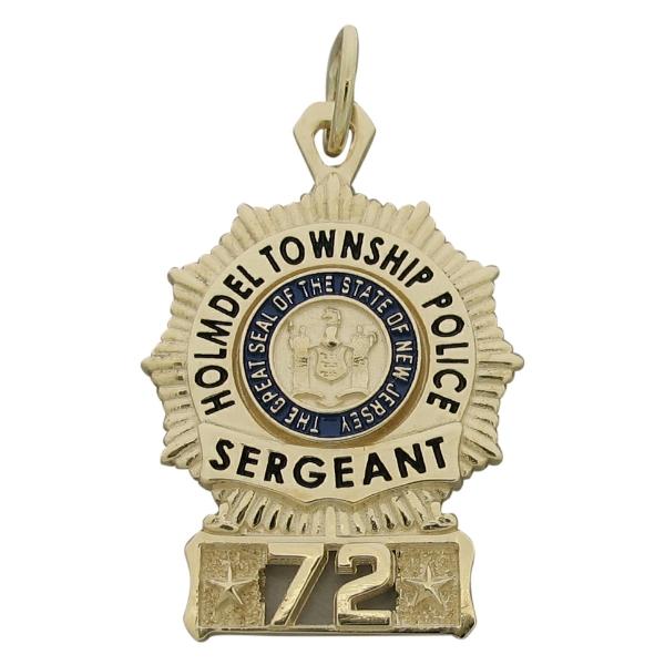 Custom Holmdel NJ Police Sergeant badge pendant in 10k yellow gold with blue and black enamel.