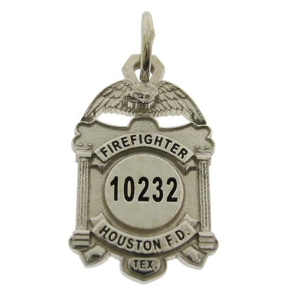 Custom Houston TX Firefighter badge pendant in 10k white gold with black enamel.