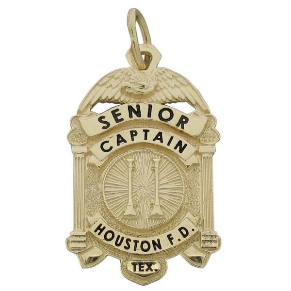 Custom Houston TX Fire Department Senior Captain badge pendant in 10k yellow gold with black enamel.