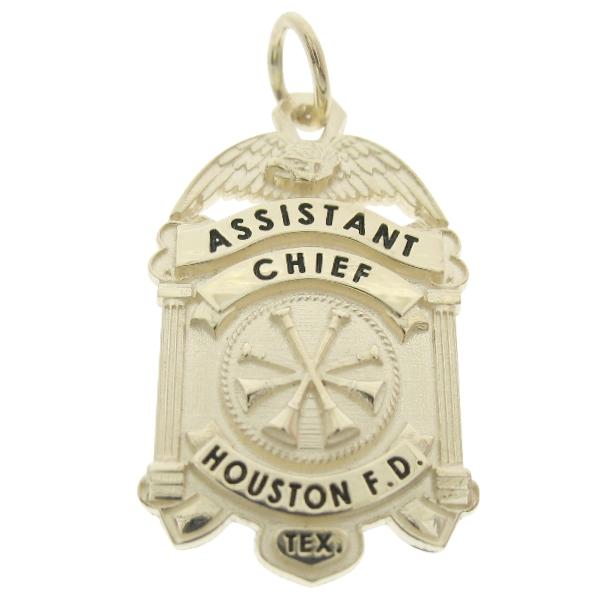 Custom Houston TX Fire Department Assistant Chief badge pendant in 10k yellow gold with black enamel.