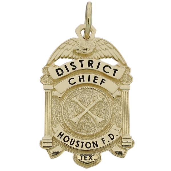 Custom Houston TX Fire Department District Chief badge pendant in 14k yellow gold with black enamel.