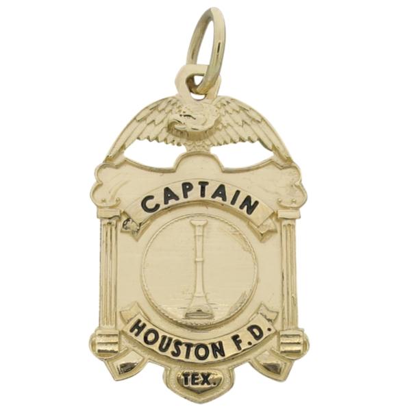 Custom Houston TX Fire Captain's badge pendant in 14k yellow gold with black enamel.