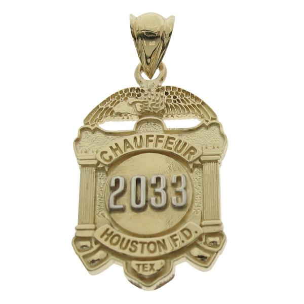 Custom Houston TX Fire Department Chauffeur badge pendant in 14k vintage design with rhodium plate numbers.