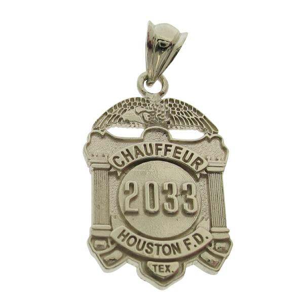 Custom Houston TX Fire Department vintage design badge pendant in 14k white gold.