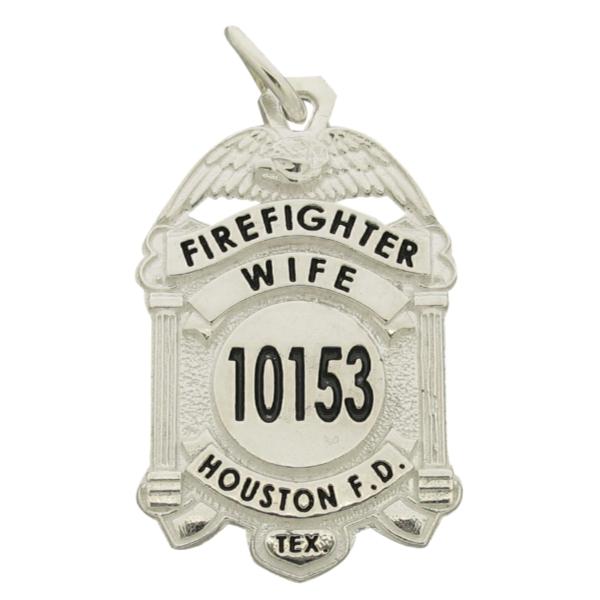 Custom Houston TX Firefighter badge pendant in sterling silver with black enamel.