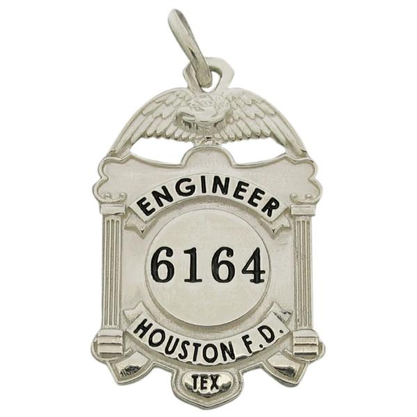 Custom Houston TX Fire Department Engineer badge pendant in sterling silver with black enamel.