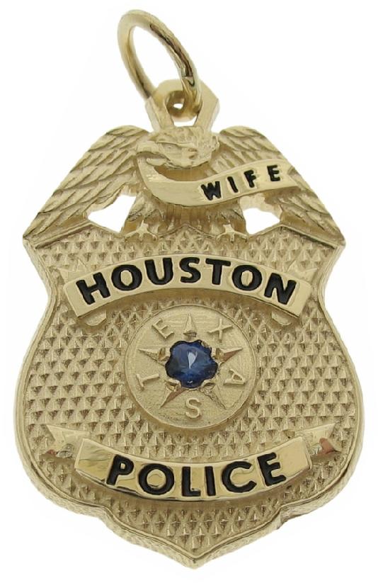 Custom Houston Police Sergeant badge pendant in 10k yellow gold with black enamel text and optional blue sapphire center stone.