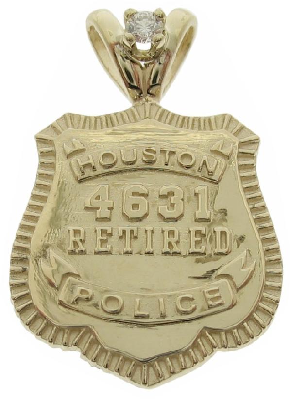 Custom Houston Police Officer badge pendant in 10k yellow gold with optional 0.05 ct. diamond pendant bail.