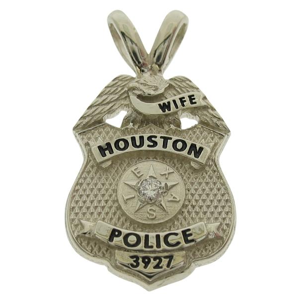 Custom Houston TX Police Supervisor's Wife badge pendant in 10k gold with 0.03 ct. diamond, optional 'Y' bail, and black enamel.