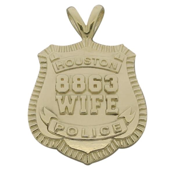 Custom Houston TX Police Officer badge pendant in 10k yellow gold with optional 'Y' bail and raised text and numbers.