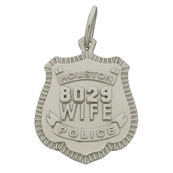 Custom Houston TX Police Officer badge pendant in 10k white gold with raised numbers and letters.