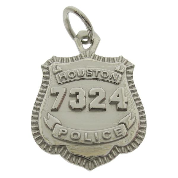 Custom Houston TX Police Officer badge pendant in 10k white gold with raised numbers and letters.