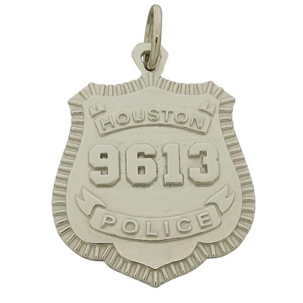 Custom Houston TX Police Officer badge pendant in 10k white gold with raised numbers and text.