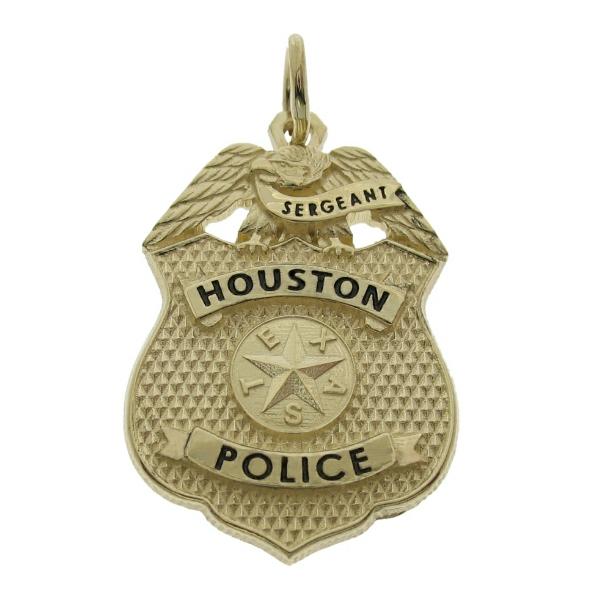 Custom Houston Police Sergeant badge pendant in 10k yellow gold with black enamel text.