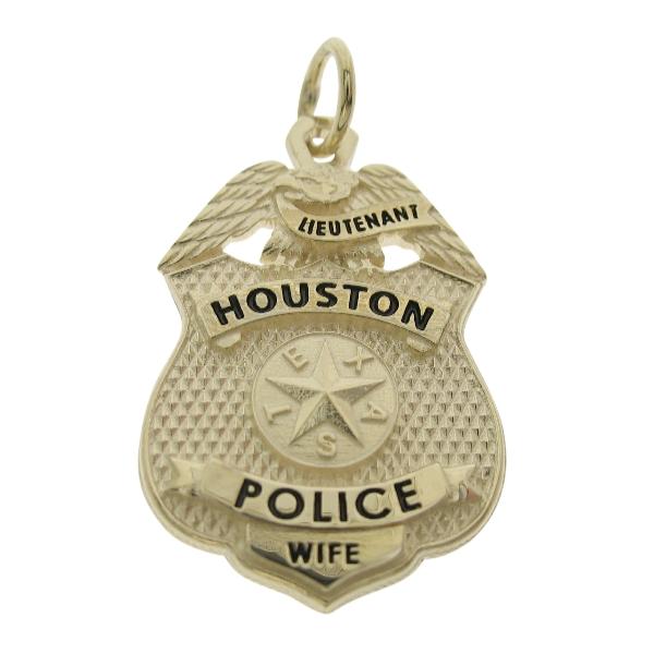 Custom Houston TX Police Lieutenant's Wife badge pendant in 10k yellow gold with black enamel.