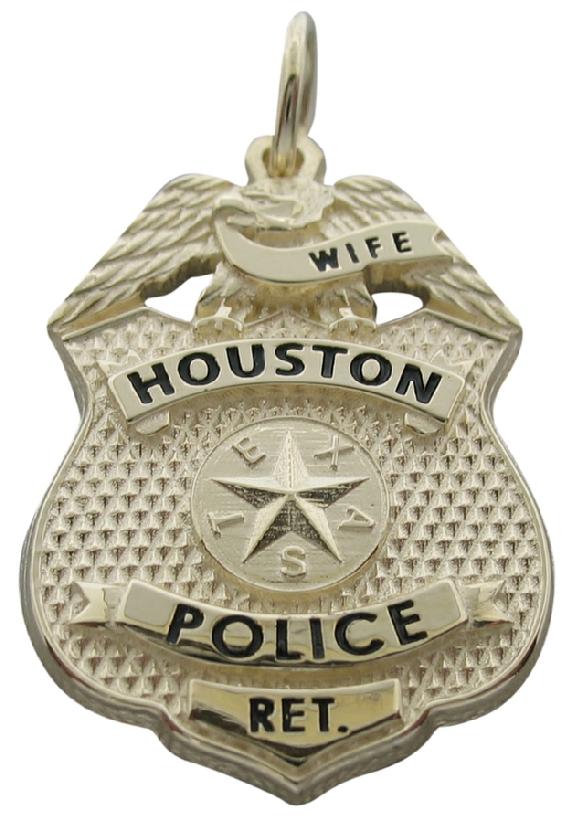 Custom Houston Police Supervisor's Wife badge pendant in 10k yellow gold with a RET. tab and black enamel text.