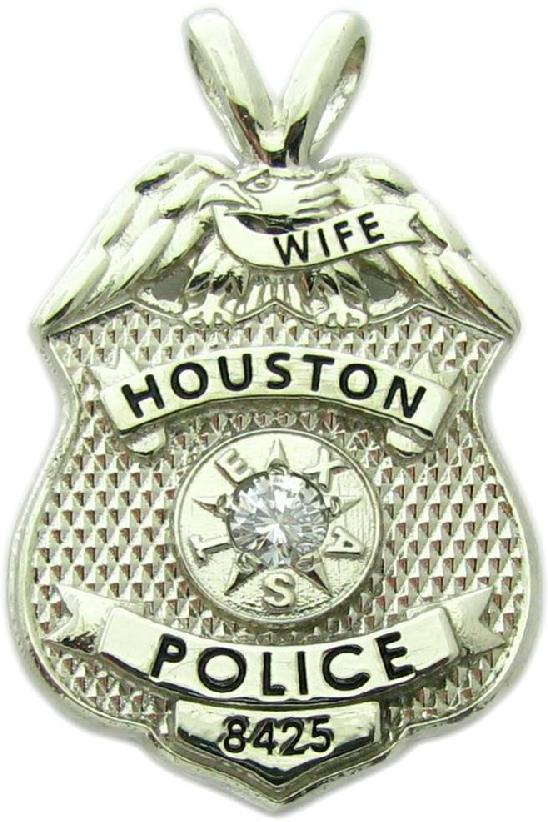 HPD Houston Police Officer's Wife custom badge pendant in 10k white gold with round brilliant diamond and optional Y bail and badge number tab