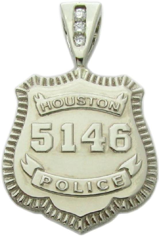 Houston, Texas TX Police Officer custom badge charm pendant in 10k white gold with optional 3 diamond bail