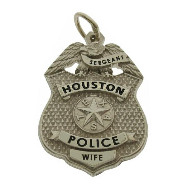 Custom Houston Police Sergeant badge pendant in 10k white gold with black enamel and additional WIFE tab.