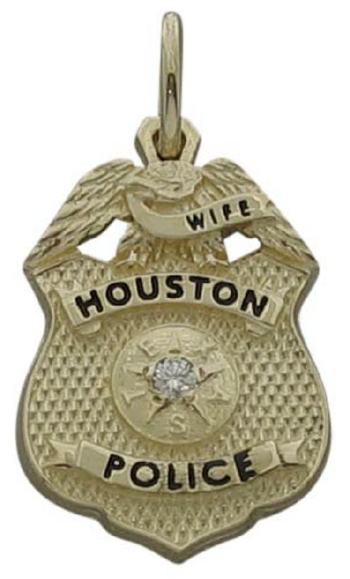 Custom Houston Police Supervisor's Wife badge pendant in 14k yellow gold with a 0.03 ct. round brilliant diamond and black enamel text.