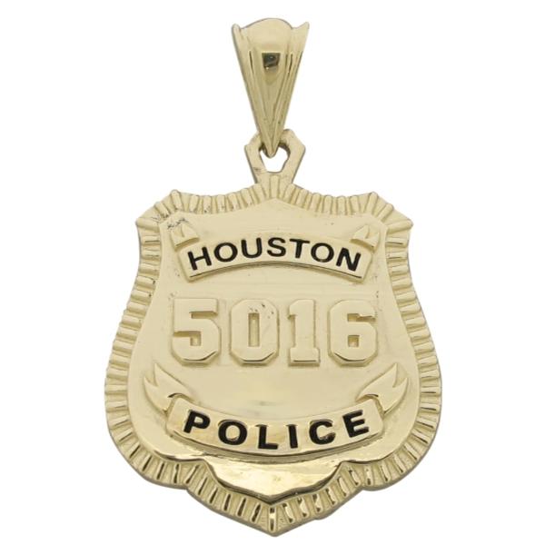 Custom Houston TX Police Officer badge pendant in 14k yellow gold with engraved black enamel letters, raised badge number, and domed 'Y' bail.