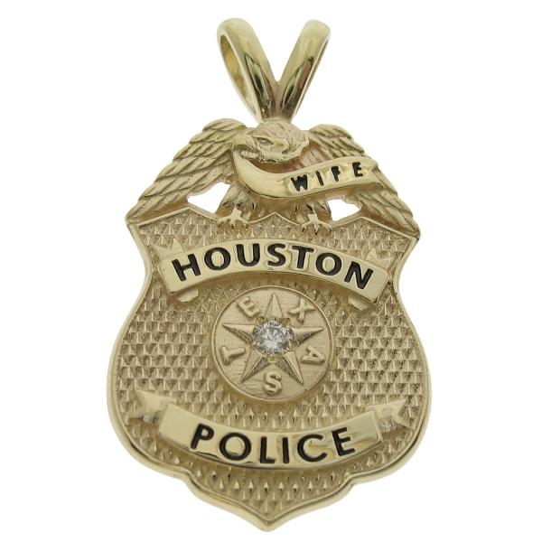 Custom Houston TX Police Supervisor's Wife badge pendant in 14k yellow gold with 0.05 ct. diamond, optional 'Y' bail, and black enamel.