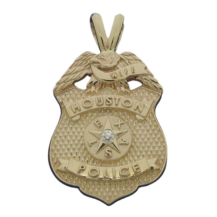 Custom Houston TX Police Supervisor badge pendant in 10k yellow gold with optional 'Y' bail, 0.04ct. round brilliant diamond, and raised letter text on ribbons.