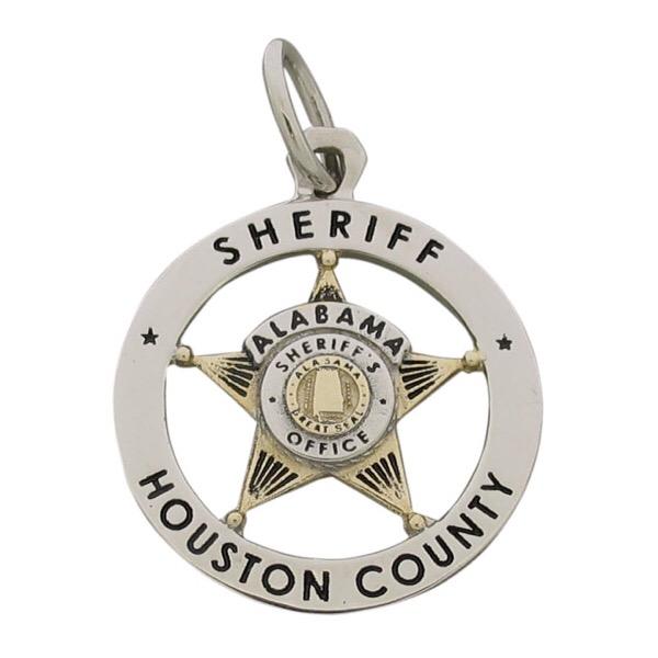 Custom Houston County AL Sheriff's badge charm in 10k yellow gold with rhodium plate and black enamel.