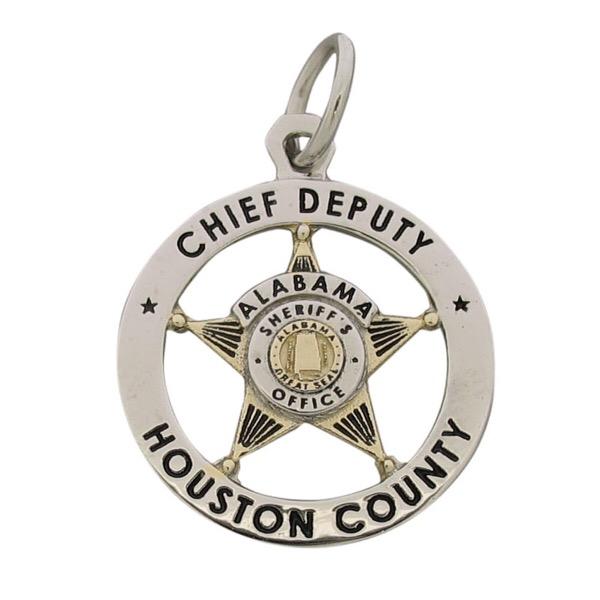 Custom Houston County AL Sheriff's Chief Deputy badge charm in 10k yellow gold with rhodium plate and black enamel.