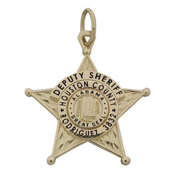 Custom Houston County AL Sheriff's Deputy badge pendant in 10k yellow gold with black enamel.