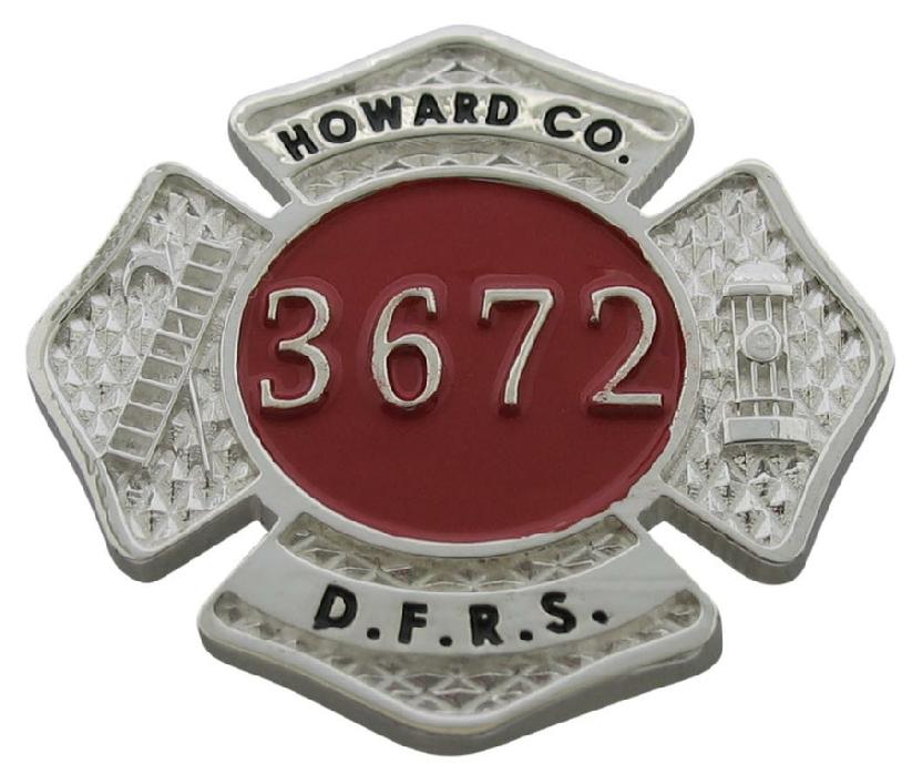 Custom Howard, Maryland Fire Rescue badge pendant in sterling silver with black and red enamel.
