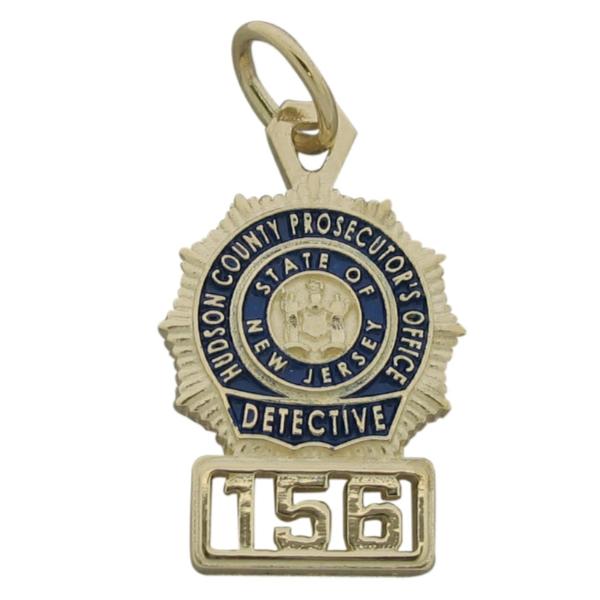 Custom Hudson County NJ Prosecutor's Detective badge pendant in 10k yellow gold and blue enamel.